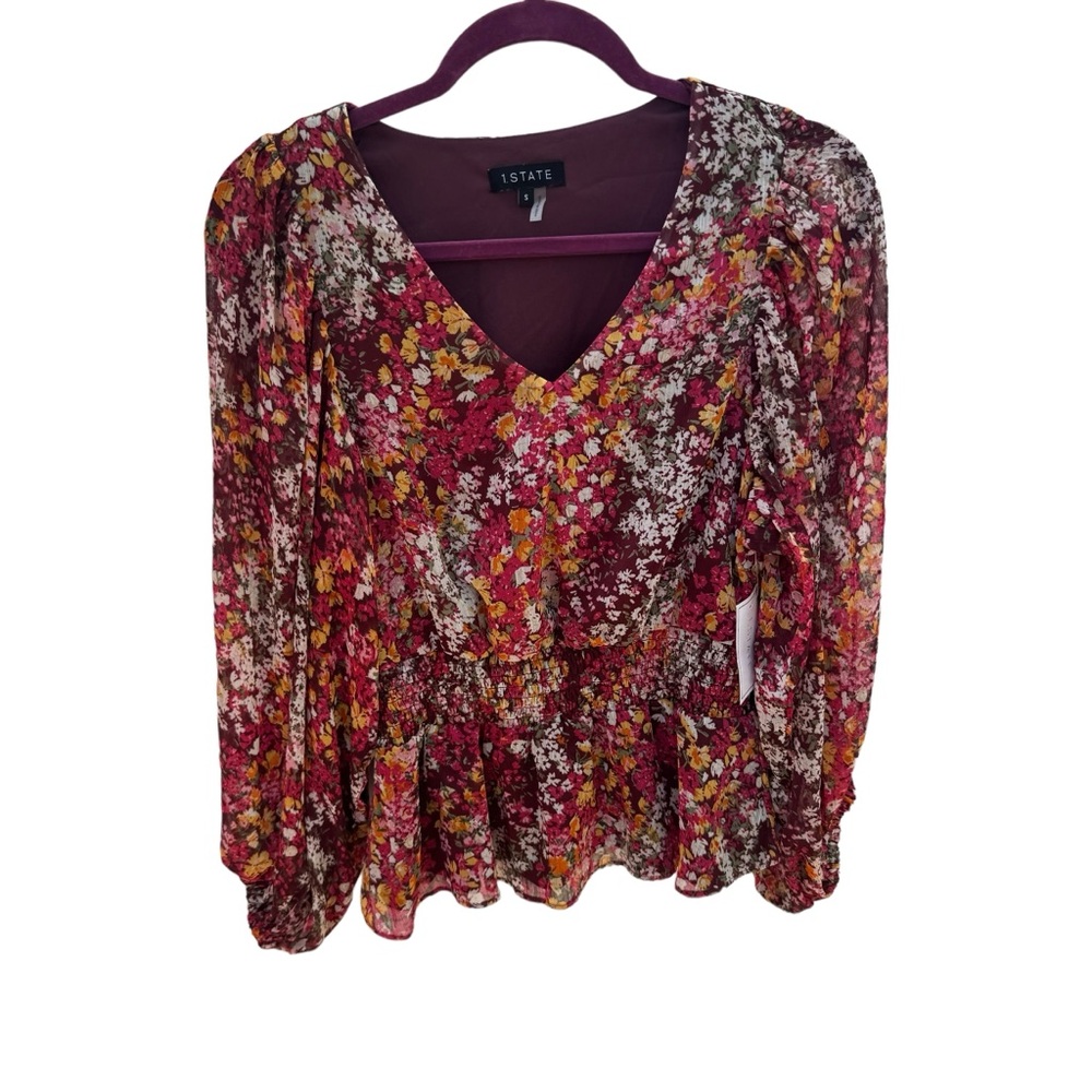 1. State Floral Blouse with Elastic Waist -- Size Small